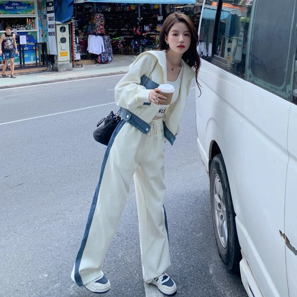 白色牛仔拼接休闲运动套装女春秋2025新款两件套流行减龄学院风