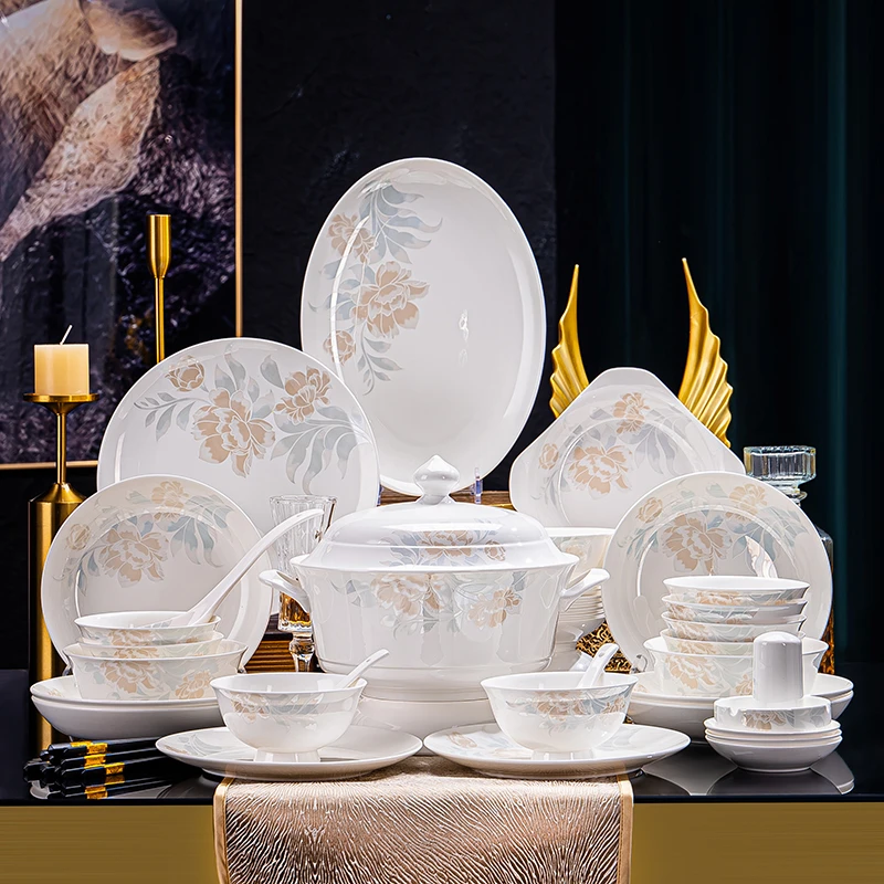 景德镇陶瓷餐具套装132件套倾城家用碗盘组合瓷器碗碟勺筷组合