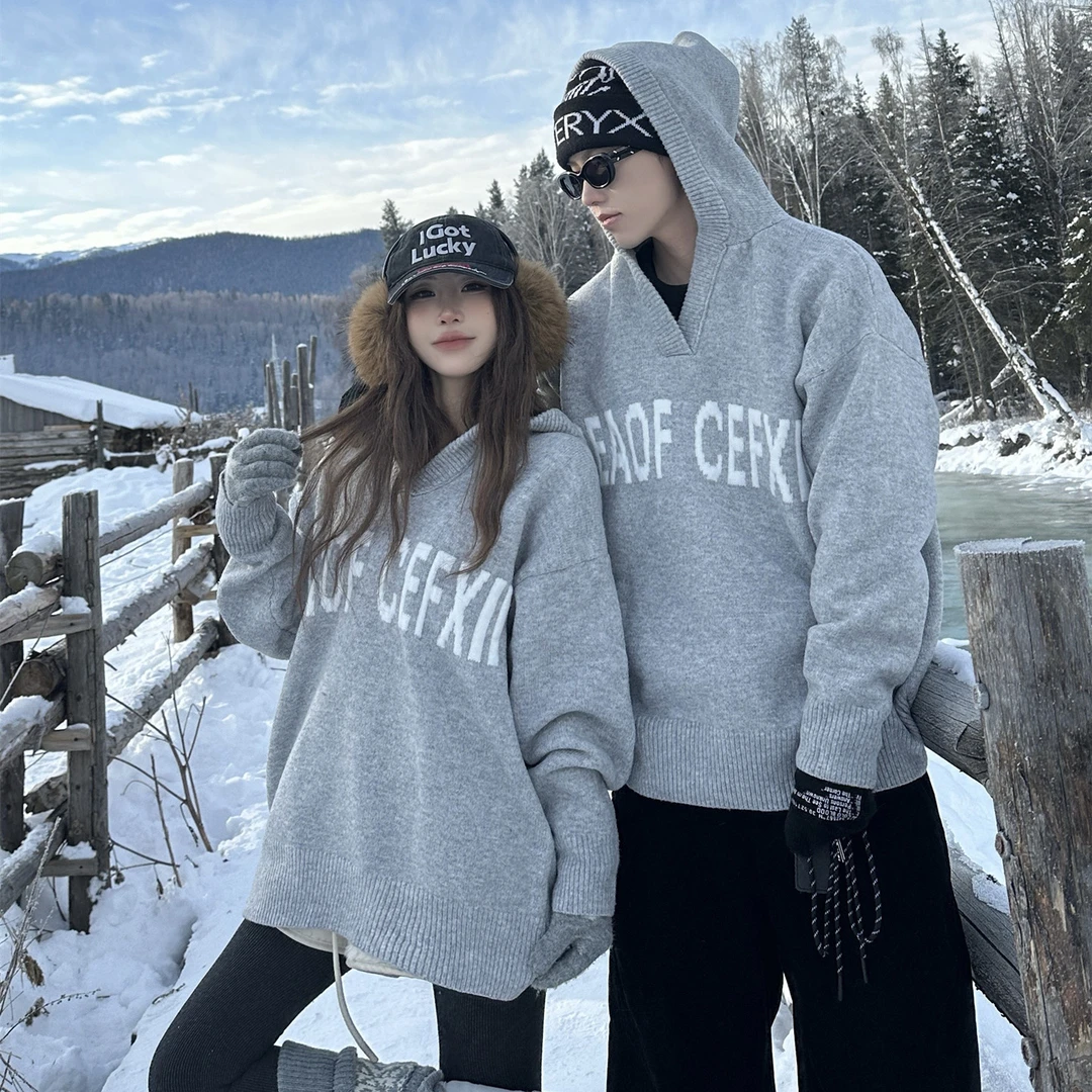 情侣装秋冬ins超火美式松弛感慵懒风毛衣宽松休闲连帽针织衫上衣