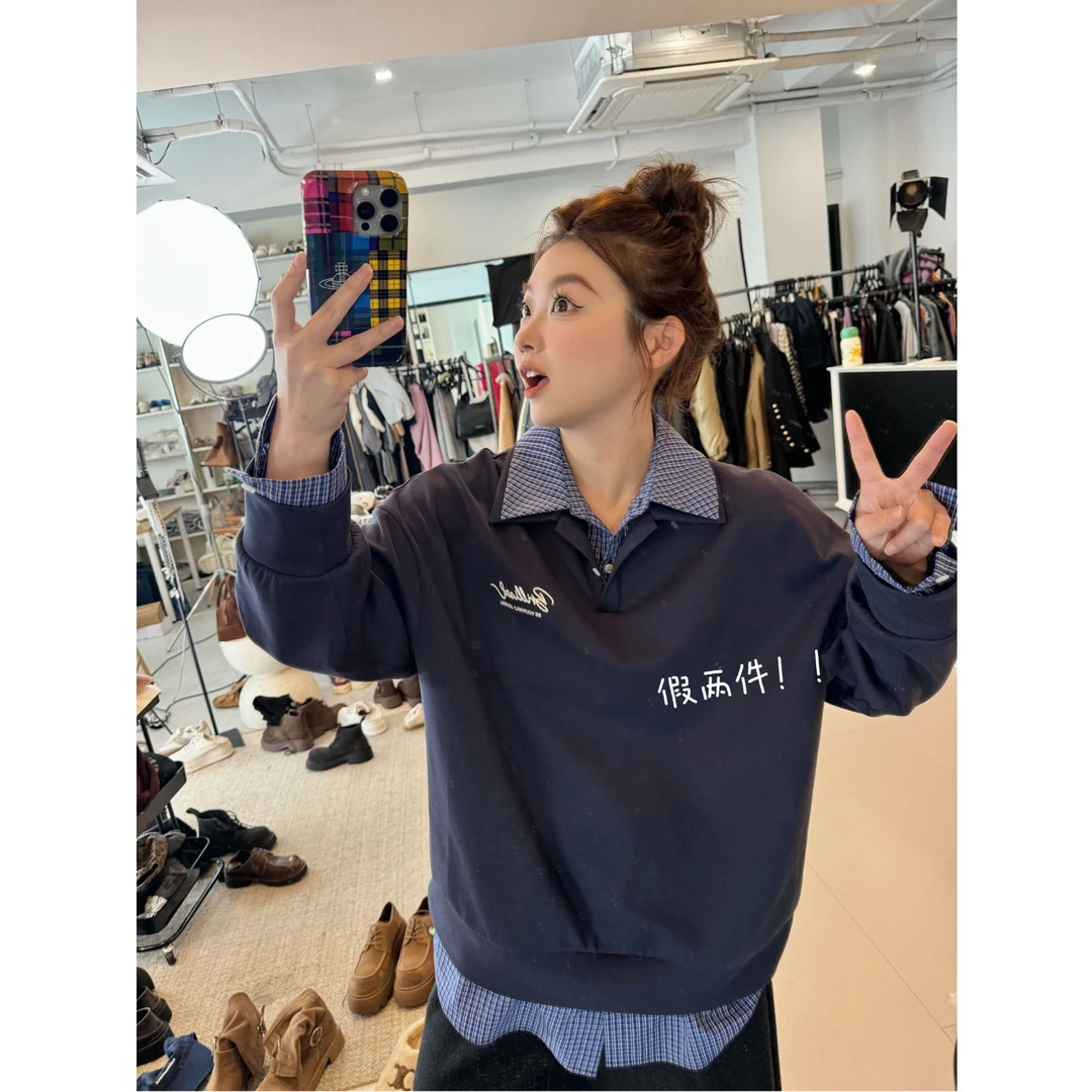 晶咕【纪念册】复古格纹拼接胸前字母假两件学院风宽松卫衣