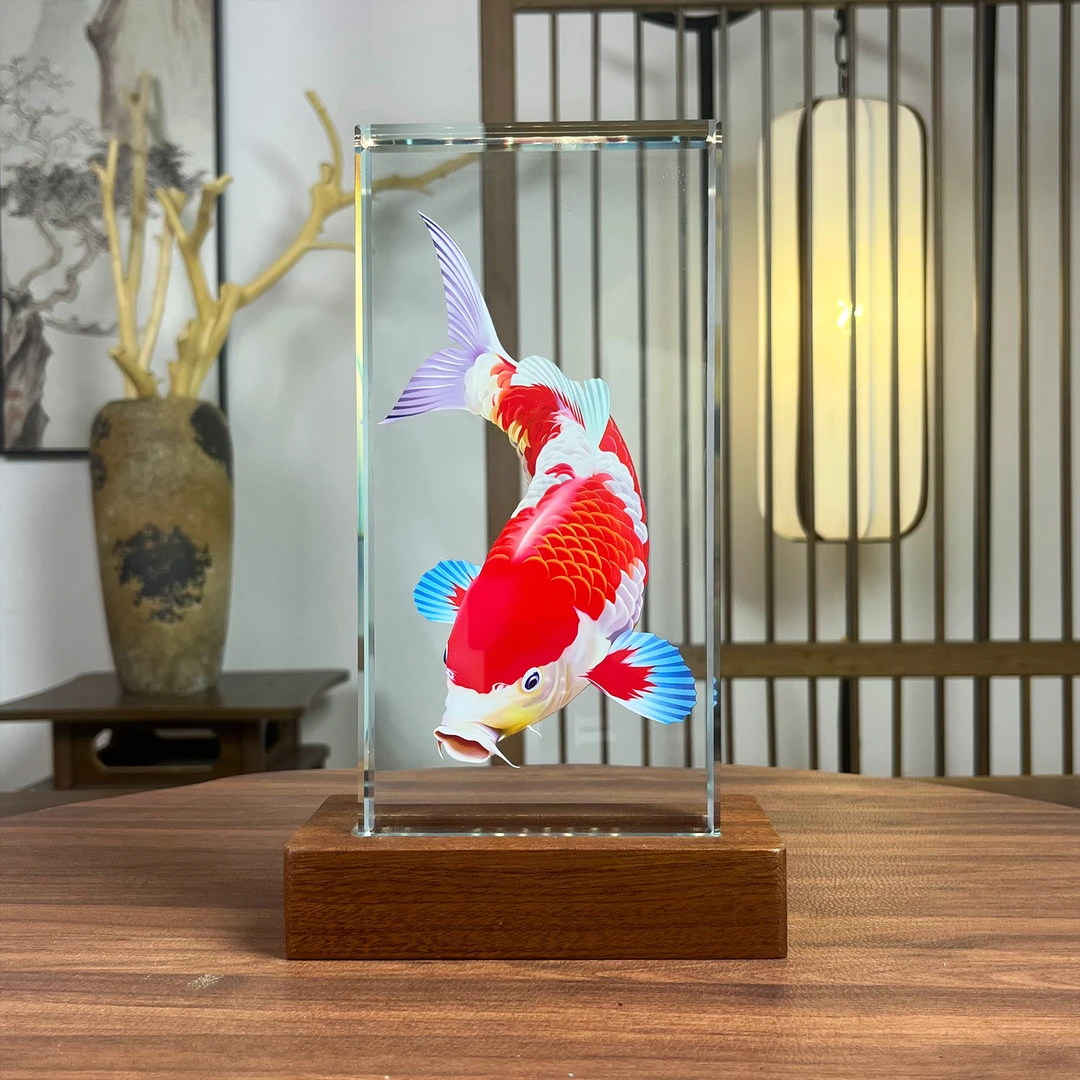 【内雕锦鲤】发光水晶砖摆件装饰品生日礼物酒柜客厅玄关艺术品摆件