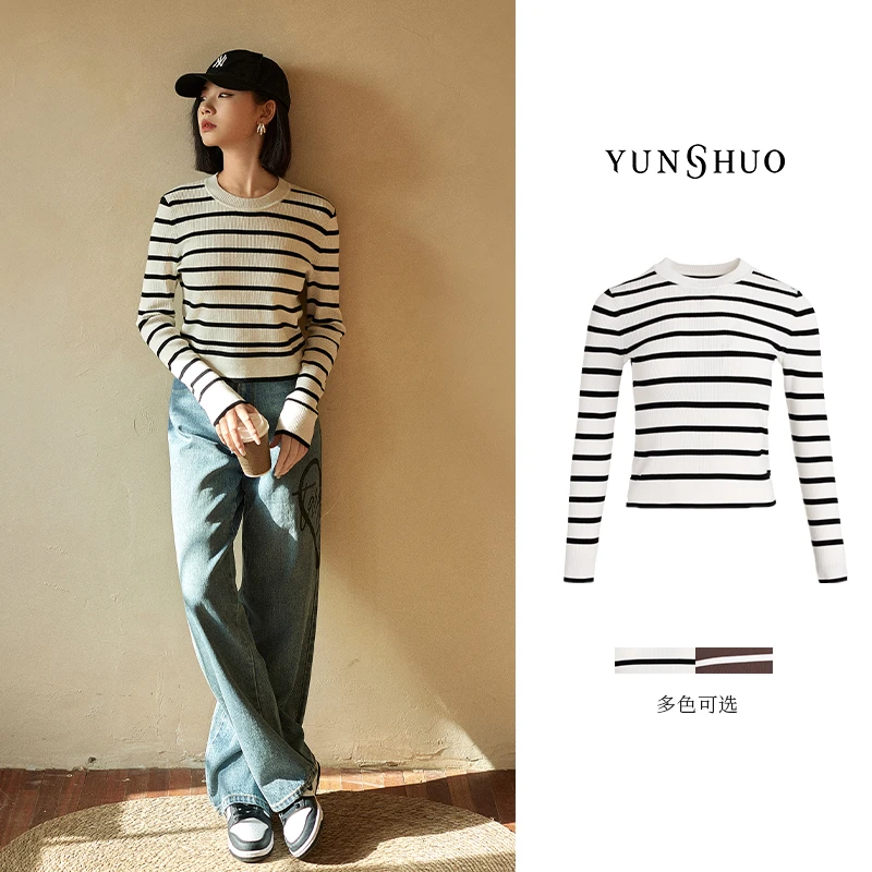 允硕春季新品时尚百搭圆领条纹女简约休闲气质针织长袖上衣739486
