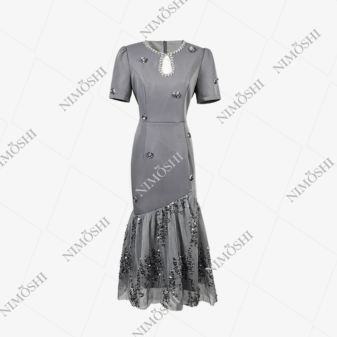 NIMðSHI【达妮】韩系高级色钉珠亮片修身拼接网纱百褶连衣裙Q1402