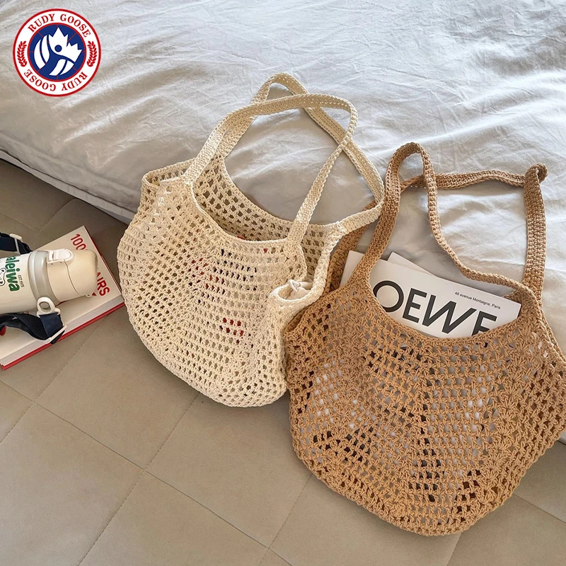 RUDY GOOSE编织袋休闲棉线镂空草编包女单肩大容量沙滩包度假包包