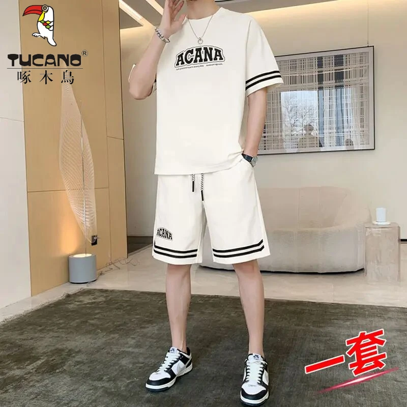 啄木鳥冰丝运动套装男士夏季潮流帅气青少年休闲男生短袖短裤夏装
