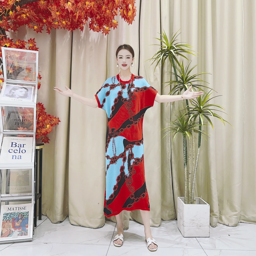 9398三色拼接提花针织连衣裙收腰显瘦设计师优雅时尚气质复古