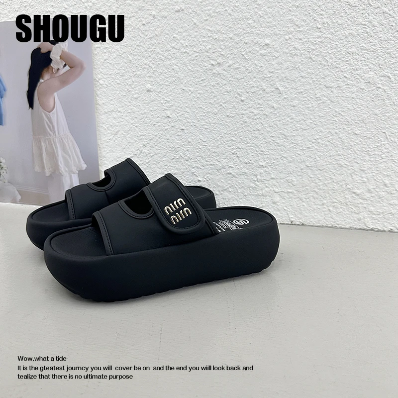 shougu/首谷厚底小个子增高魔术贴纯色一字女拖百搭外穿休闲拖鞋