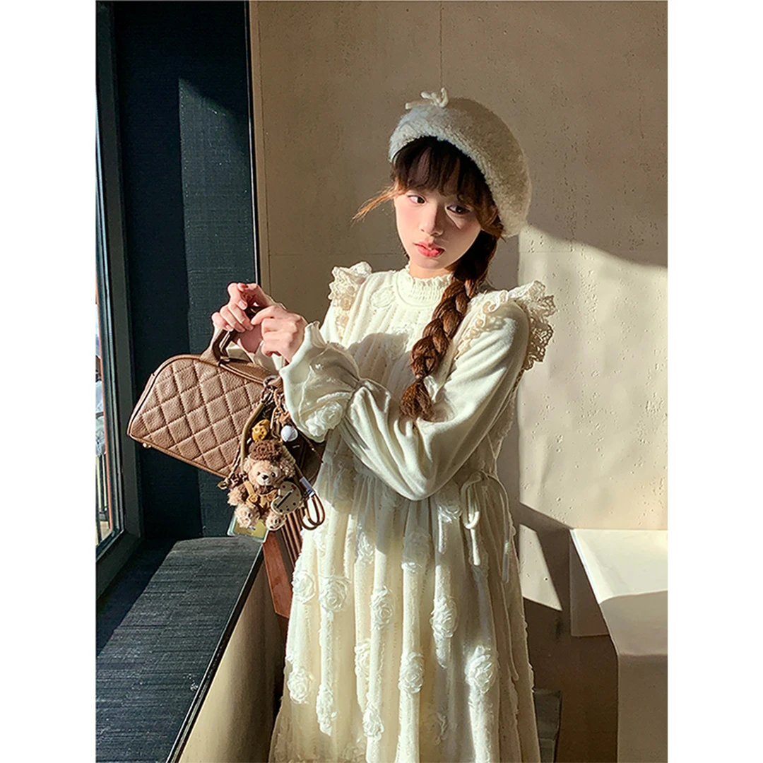 sinsingirl2024冬季新款米白色打底长袖连衣裙女外搭背心裙连衣裙