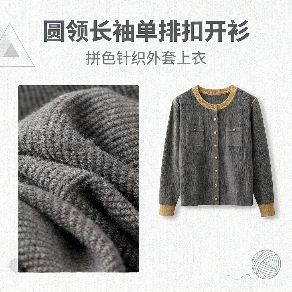 B 门店66&9！欧尼针织衫」绵羊毛撞色圆领单排外套上衣女 T4775