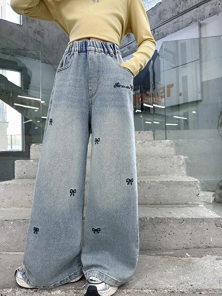 女大童春秋牛仔裤2025新款韩版女孩百搭直筒初中生洋气宽松阔腿裤