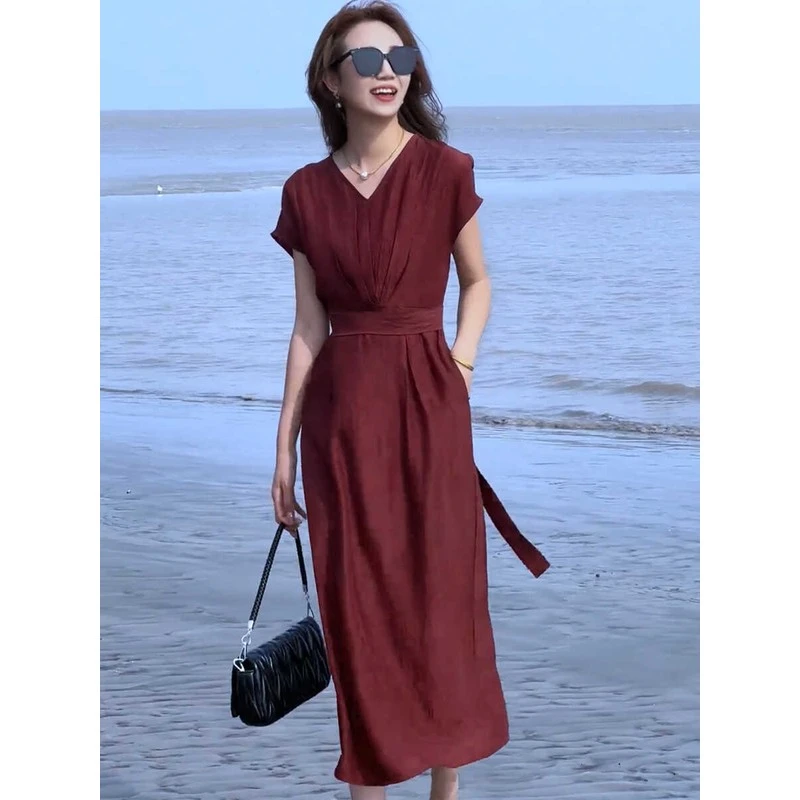 高级感气质V领显瘦醋酸连衣裙女夏季2024新款法式长裙轻熟风裙子