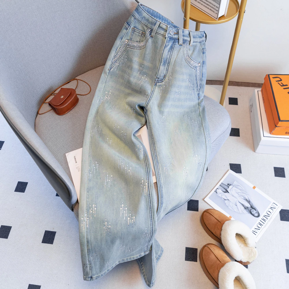 W973复古浅色重工烫钻直筒牛仔裤女2025春夏新款高腰显瘦阔腿裤