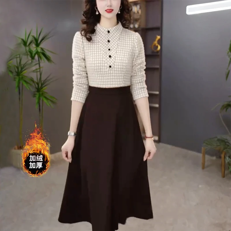 4126#高端加绒加厚连衣裙磨毛软精纺时尚新款新款气质保暖裙子