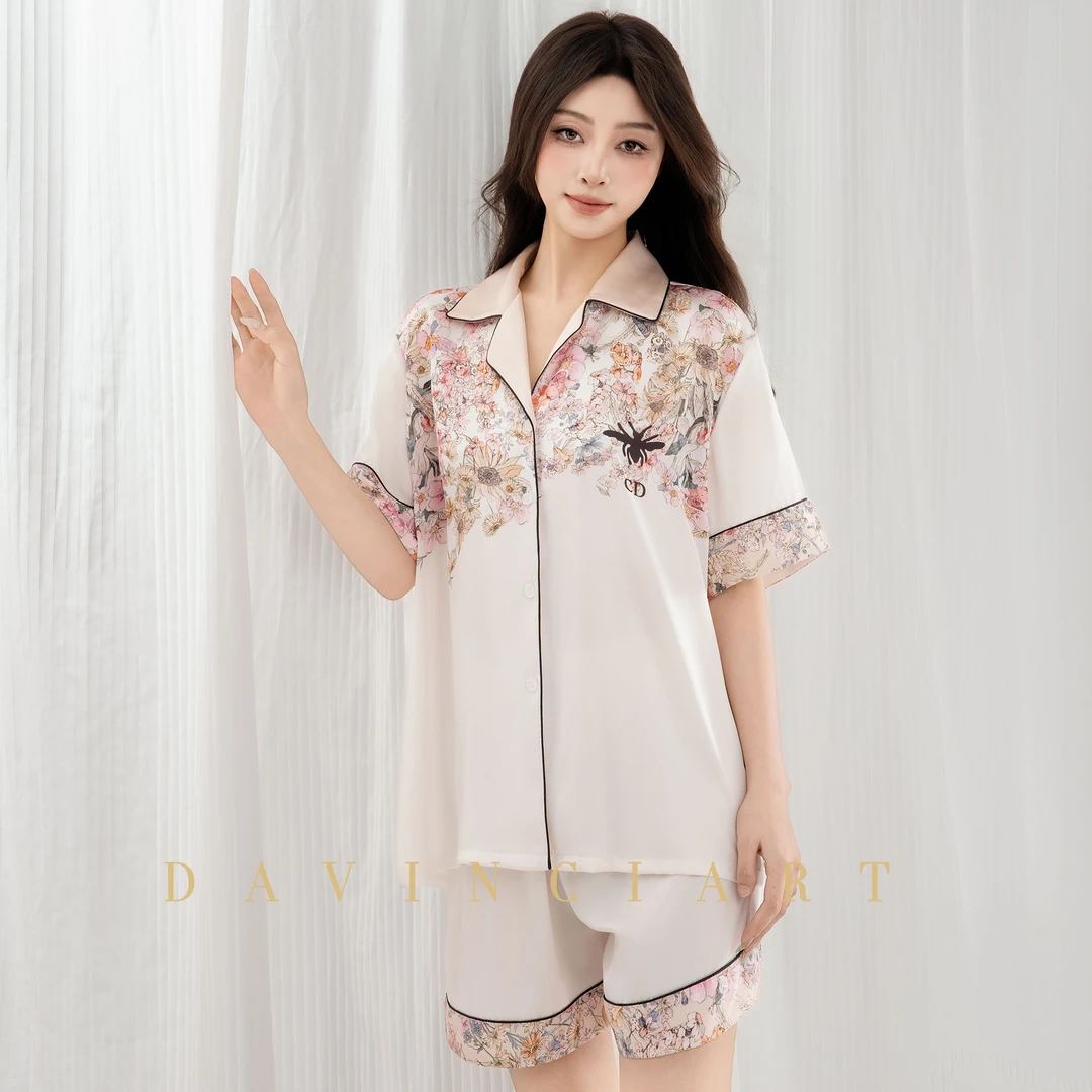 达芬奇密码薄款冰丝三件套夏季睡衣女送礼家居服礼盒套装群花缀蜂