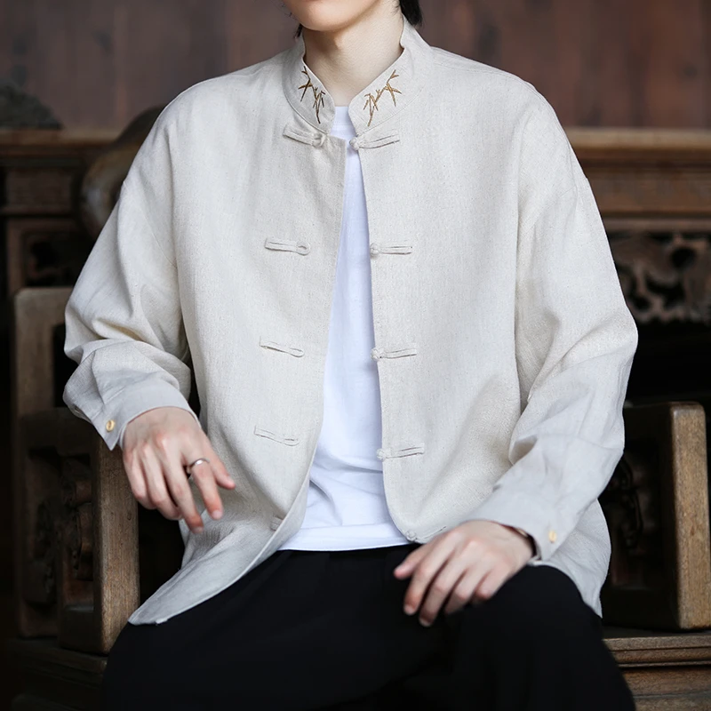 棉麻刺绣衬衫新中式春季男装复古休闲宽松立领唐装汉服长袖外套潮