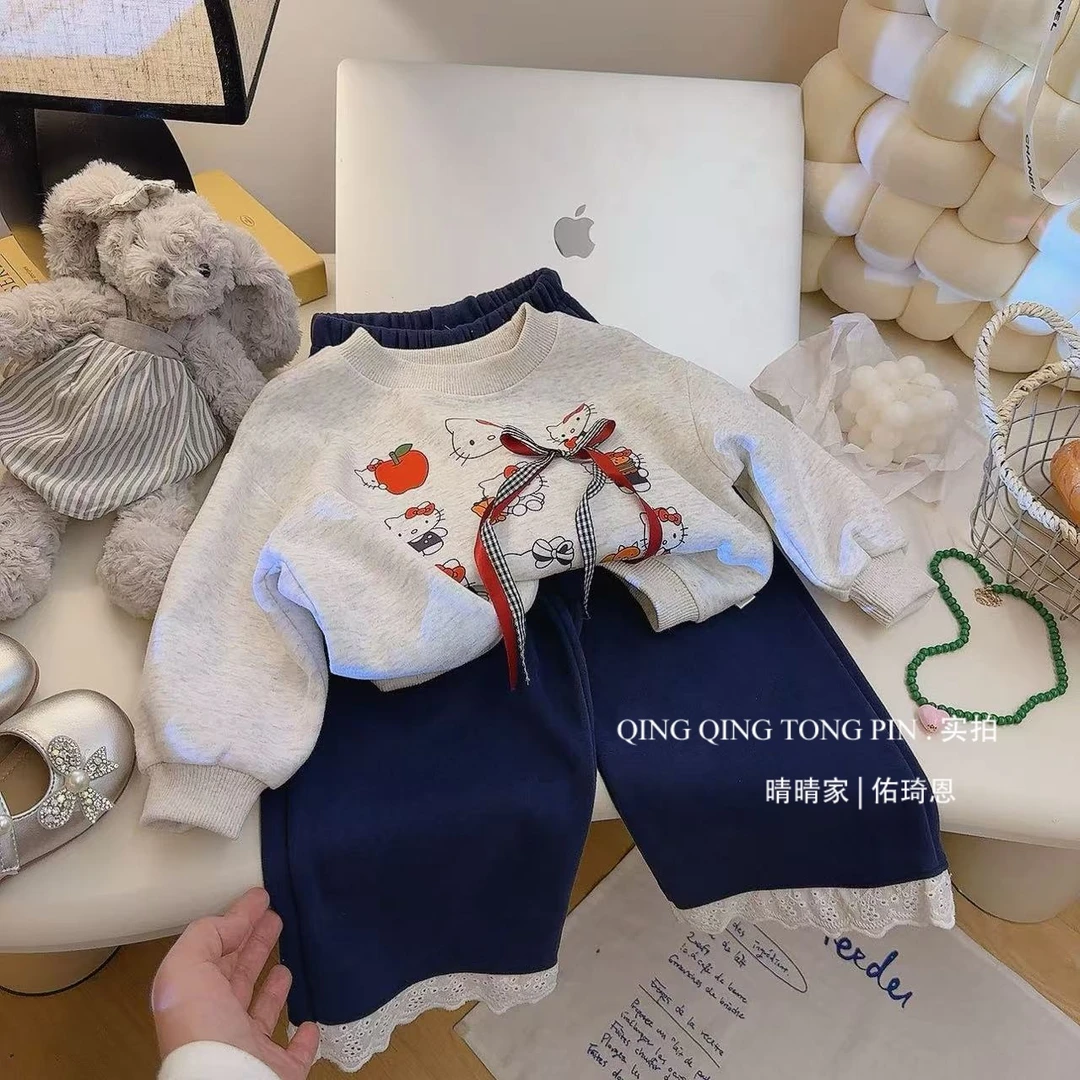 女童2025春季韩系新款亲肤儿童甜妹蕾丝花边裤蝴蝶结卫衣套装