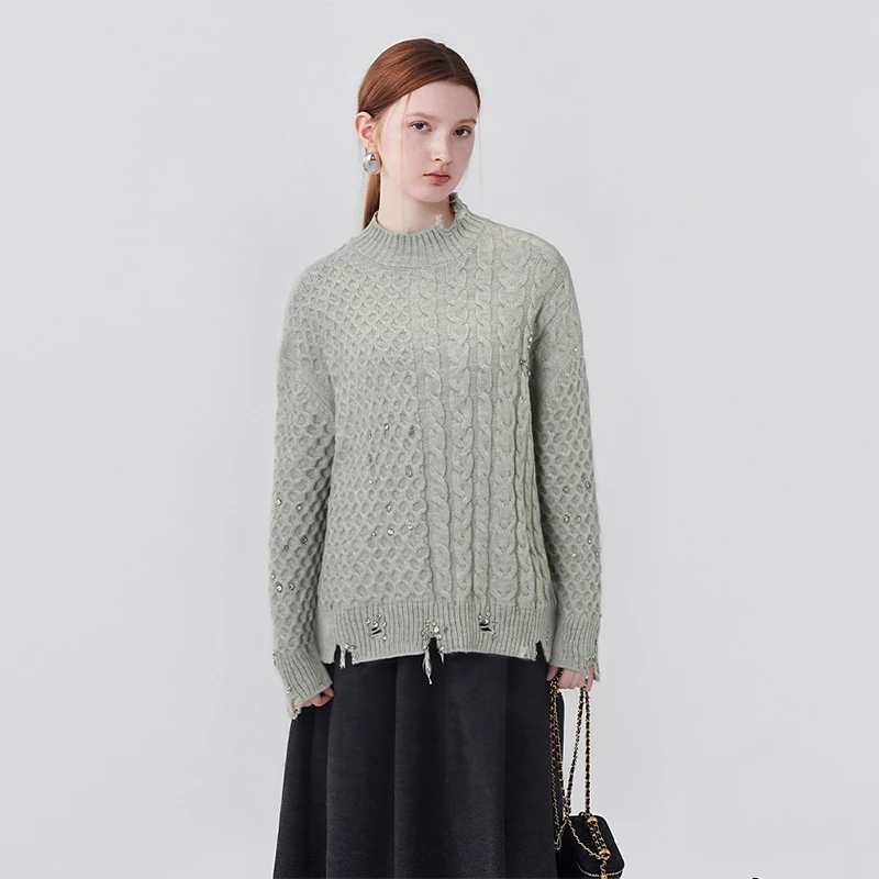 半高领破洞钉钻麻花针织衫女复古慵懒风软糯宽松套头毛衣