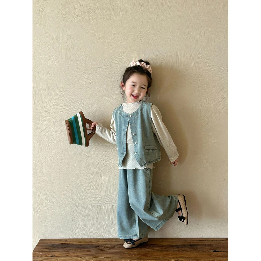 2025春季新品韩版童装女童牛仔马甲阔腿牛仔裤2件套宝宝童套装