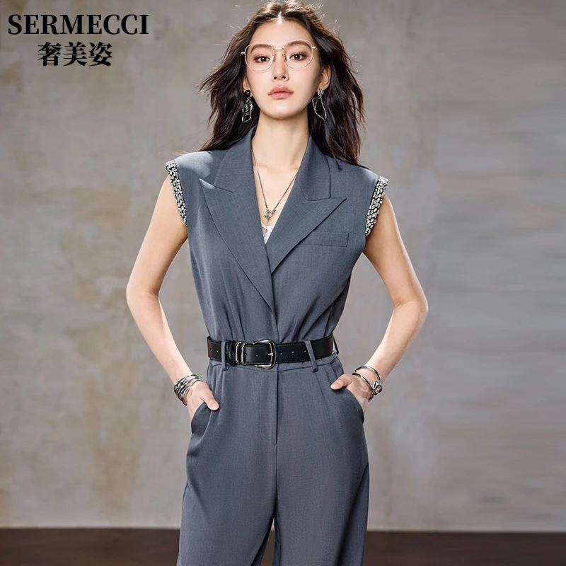 灰色高级感重工无袖西装连体裤女2025夏新款职业显瘦连衣长裤