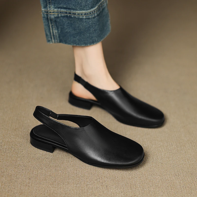 凉鞋时尚女真皮圆头低跟粗跟后空百搭软底气质夏季方头女鞋平底