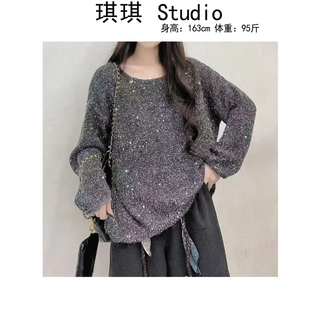 《琪琪家》冬季新款重工设计感亮闪闪气质时尚减龄百搭针织上衣-CS