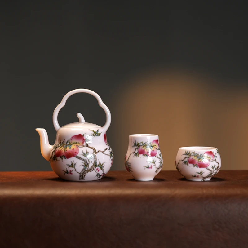 中式桃李满枝提梁壶套组精美家用陶瓷葫芦套组1壶2杯 c0377