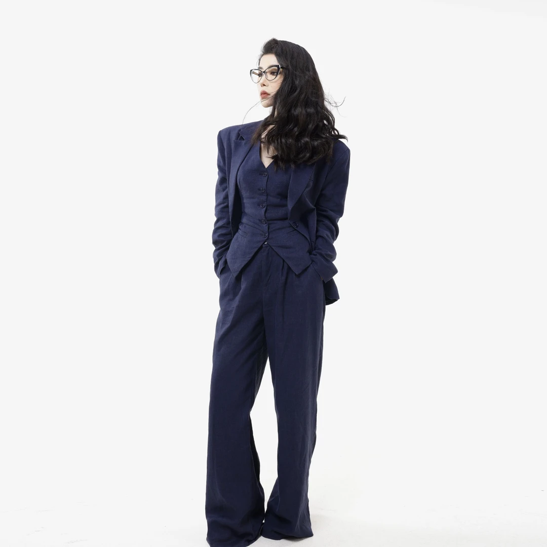 亚麻藏青修身型极简风西装藏青气质职业西服