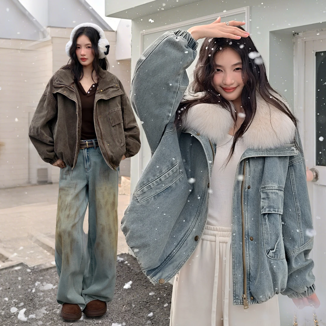 TOSEE 90%白鹅绒可拆卸狐狸毛领牛仔羽绒服保暖短外套TO254SZ0330