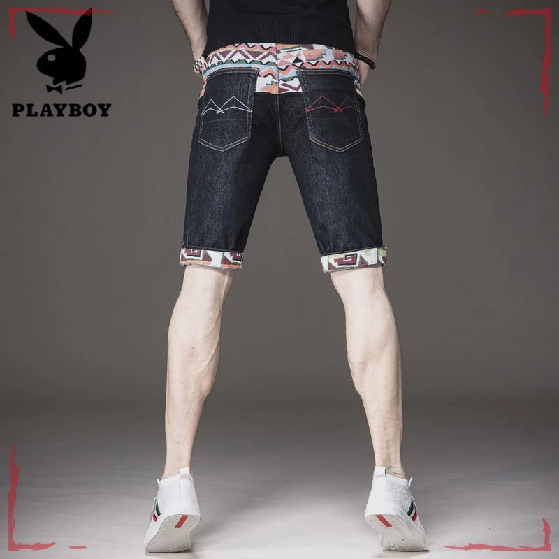 花花公子欧美潮牌绣花牛仔短裤男夏季薄款修身5分裤子男韩版BOY
