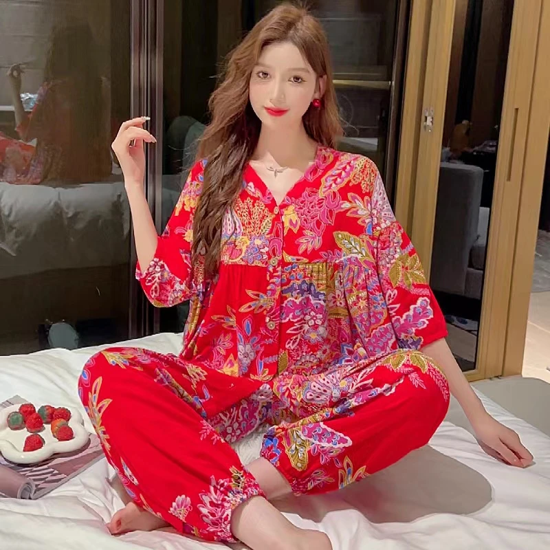 2025春夏新款大码棉绸七分袖套装休闲时尚宽松印花家居服两件套女