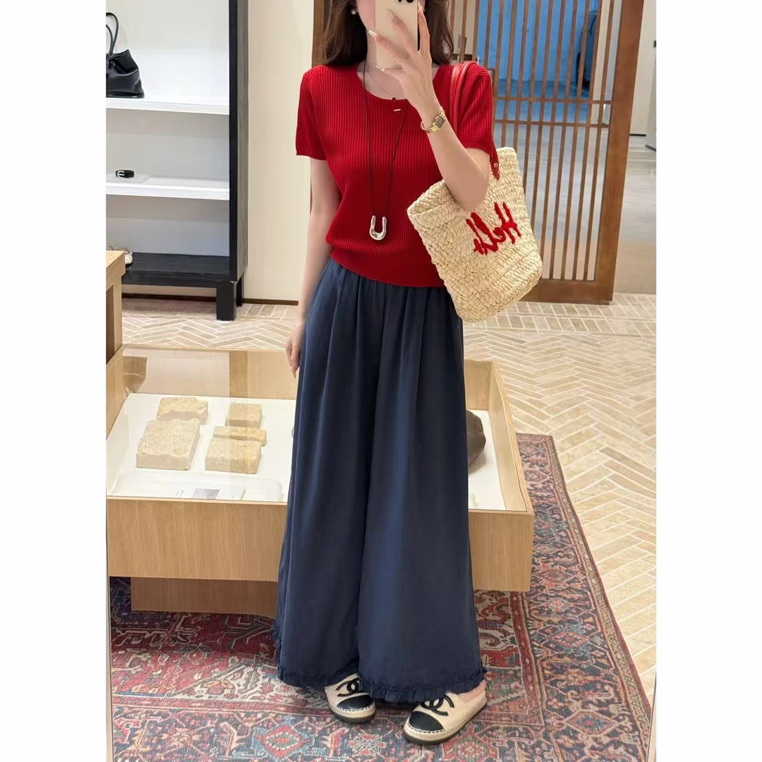 【饼干私服】藏蓝色木耳边休闲阔腿裤松弛感氛围穿搭A415