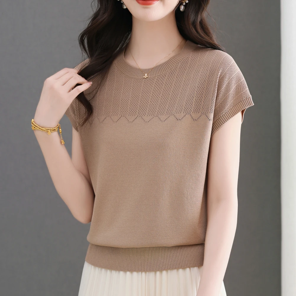 【天丝】夏新款女士宽松减龄时尚落肩袖上衣短袖镂空钩花针织T恤衫