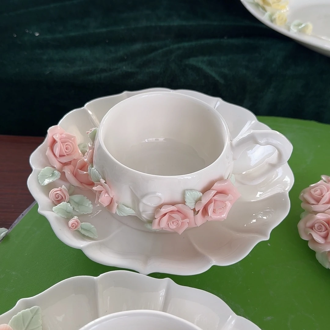 手工捏花玫瑰花咖啡杯碟一套