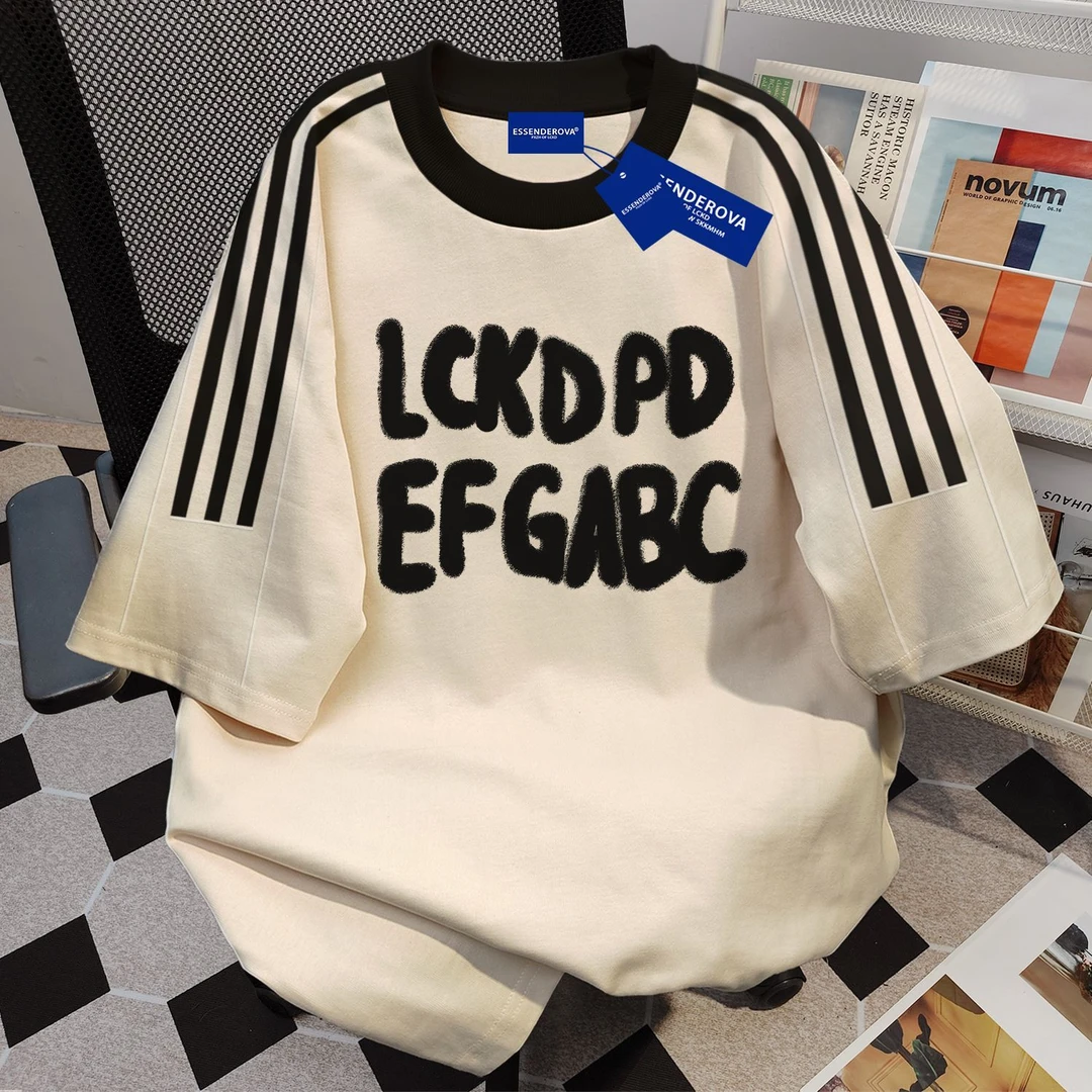 100%纯棉美式复古字母印花三条杠短袖t恤男女夏季宽松韩版上衣ins