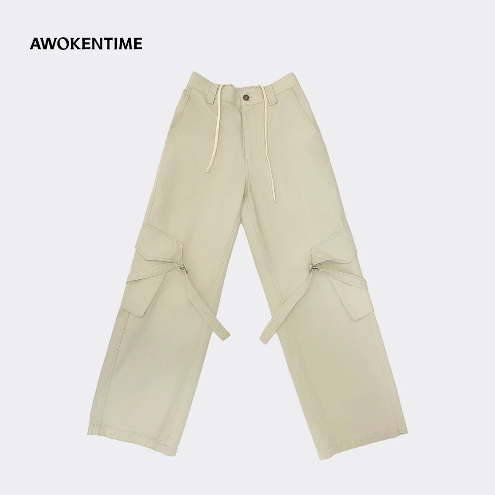 AWOKENTIME 立体贴袋膝盖绑带工装直筒百搭休闲裤