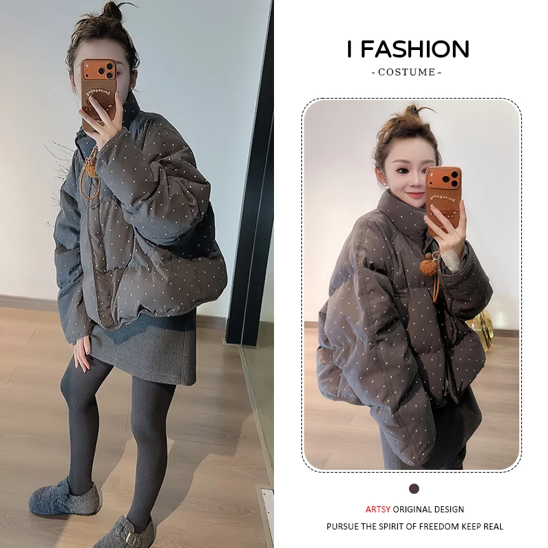 加厚小个子甜美波点棉服女2025冬季新款宽松慵懒保暖长袖棉衣外套
