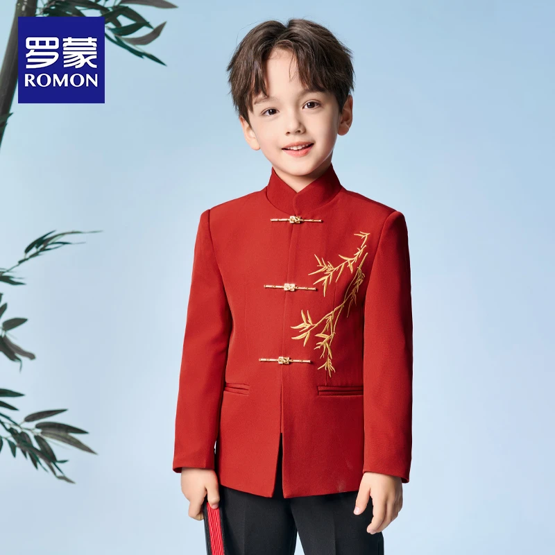 罗蒙儿童西装套装男童中山装2025新款国风男孩红色主持人演出礼服