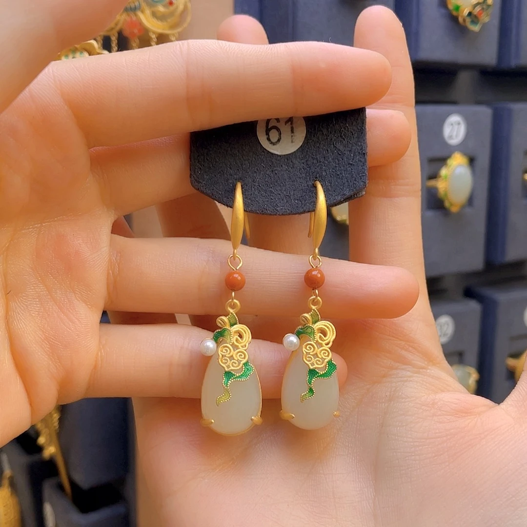 和田玉耳饰银S925镀金镶嵌