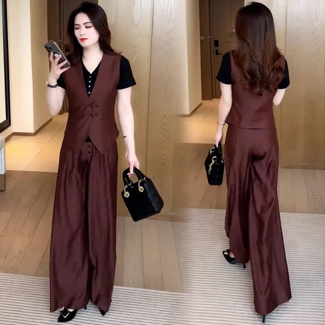时尚套装女2025夏季新款洋气收腰显瘦小个子盘扣马甲阔腿裤两件套