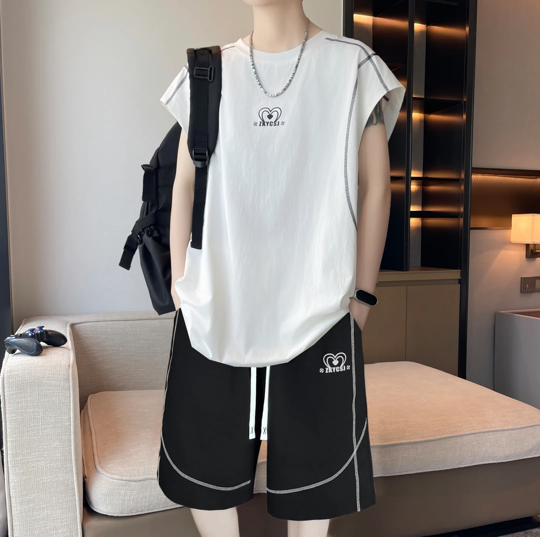 夏季青少年无袖背心运动套装夏季薄款透气潮流男士盐系少年感礼物