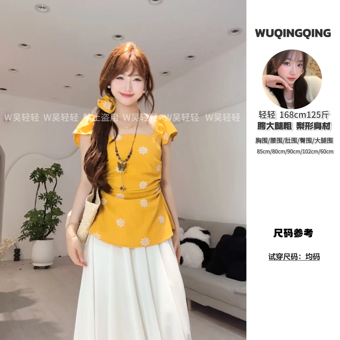 W轻轻|【配发圈,小飞袖】民族风,夏季明媚度假风小飞袖收腰小衫