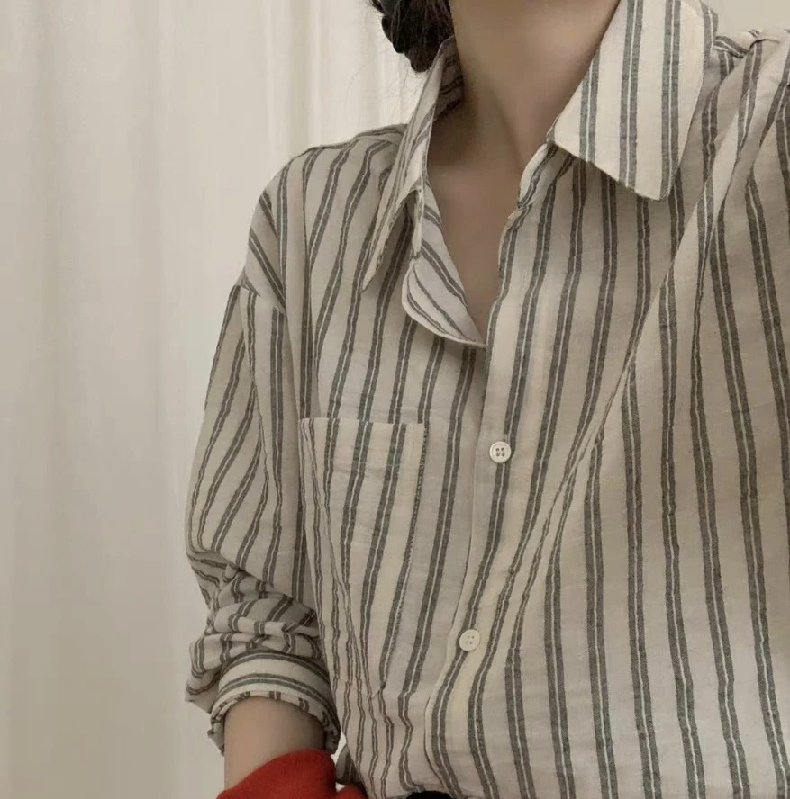 韩国东大门Chic新款气质通勤宽松条纹单排扣衬衫