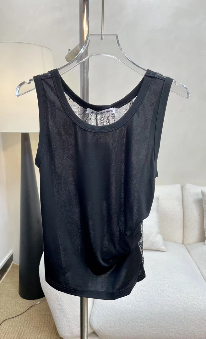 深圳南油原创2025新款后背网纱蕾丝黑色无袖背心2504181