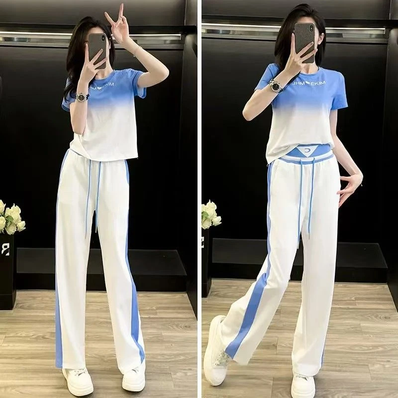 休闲时尚阔腿裤两件套减龄宽松渐变短袖运动风套装女夏2025韩版潮