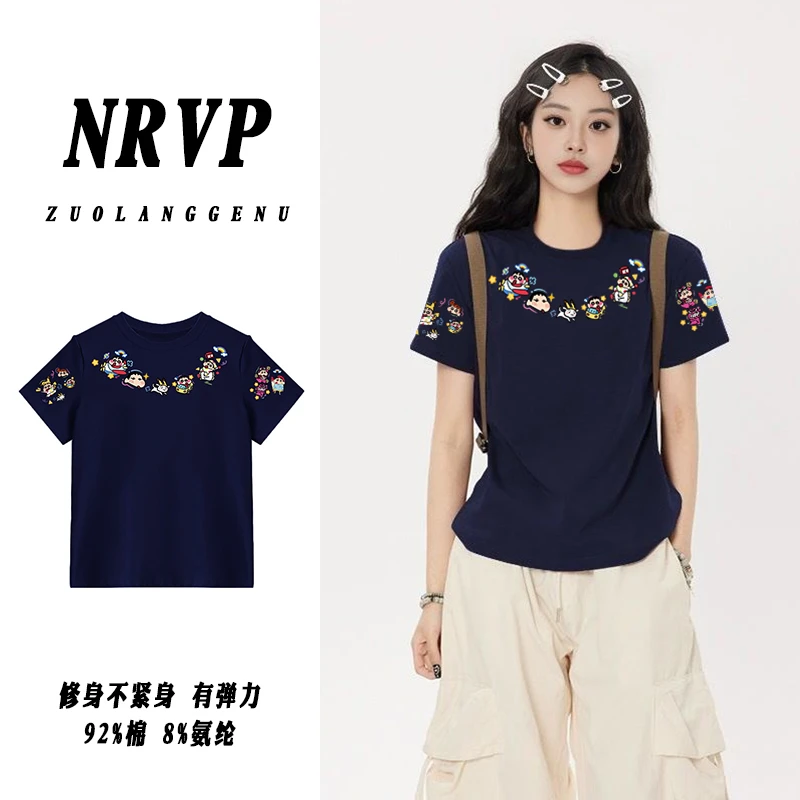 正肩大码女装韩版短袖t恤女生减龄卡通ins修身上衣有弹力显瘦内搭