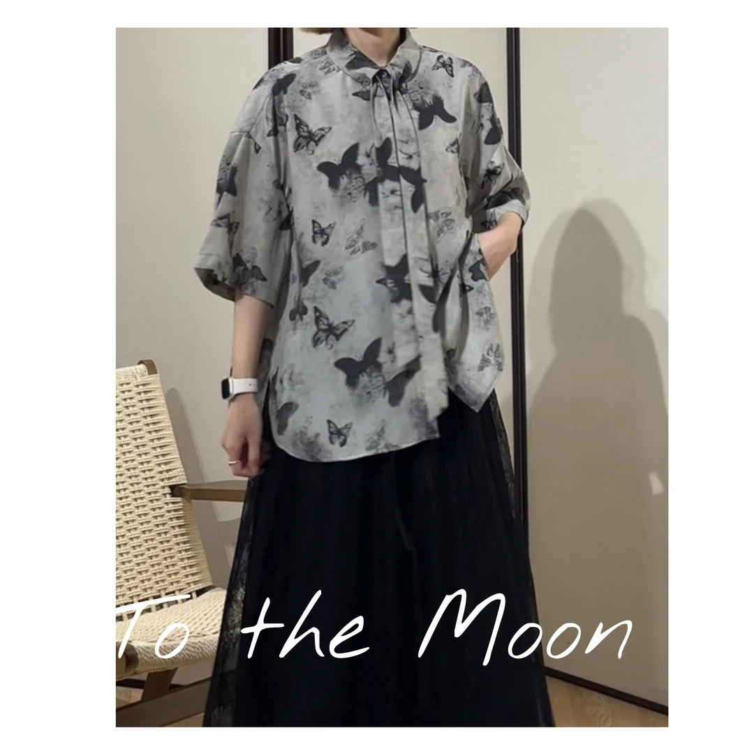 UpSd 原创【囿于蝴蝶谷】花衬衫领宽松衬衫夏季小众潮流设计感衬衣