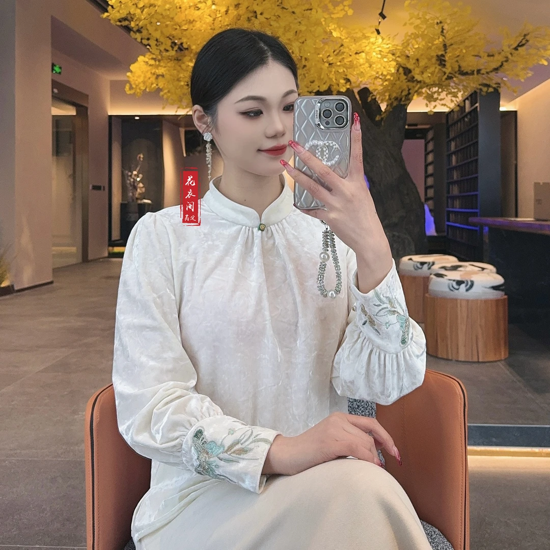 【云柔】春季2025新款上衣小衫女装新中式国风宽松立领丝绒长袖衬衫