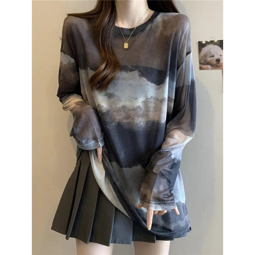 扎染网纱薄款冰丝长袖t恤女夏大码胖mm超好看中长款罩衫上衣