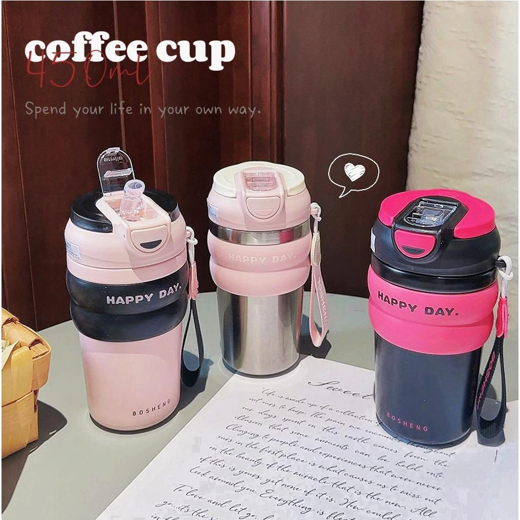 蓝山咖啡杯女生网红不锈钢保温杯双饮带吸管男女孩时尚水杯子