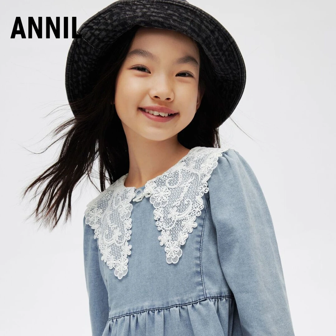 安奈儿女童长袖牛仔连衣裙甜美蕾丝翻领时尚炫酷牛仔裙EG413027
